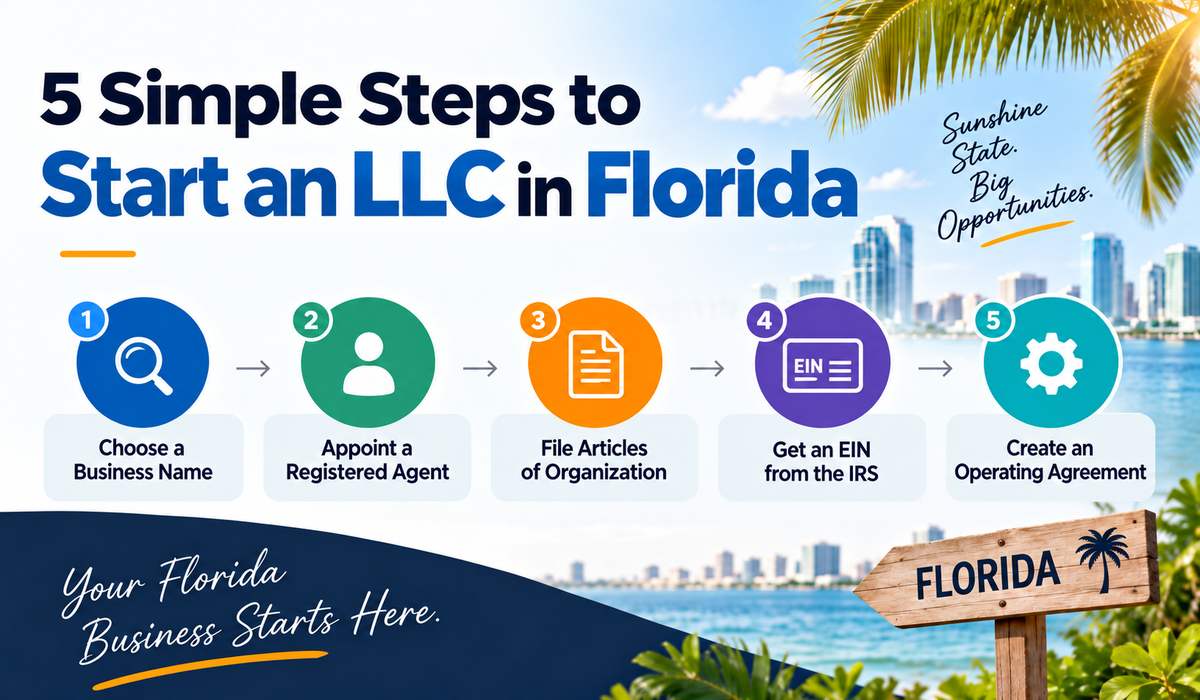 Five steps to start a Florida LLC including name selection, registered agent, filing, EIN and operating agreement